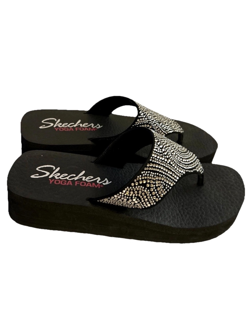 Skechers Sandals Size 8 M Yoga Foam Thong Sparkle Rhinestone Bling Platform EUC